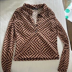 Zara Brown Cream Graphic Button Down Shirt